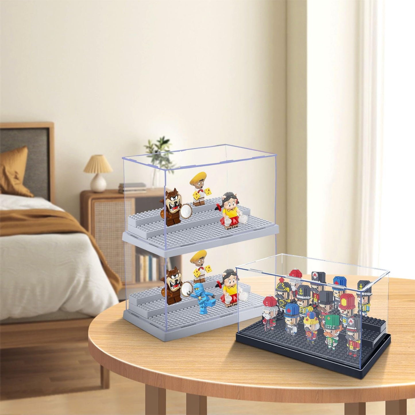 2 Pack Acrylic Display Box Storage, Clear Mini Figure Display Shelves With 3 Movable Steps, Black