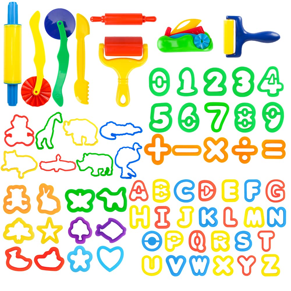 Pecopcock Play Dough Tools Set For Kids 69Pcs Dough Accessories Letter Molds, Rollers And Cutters, Numeral Molds Various Plastic