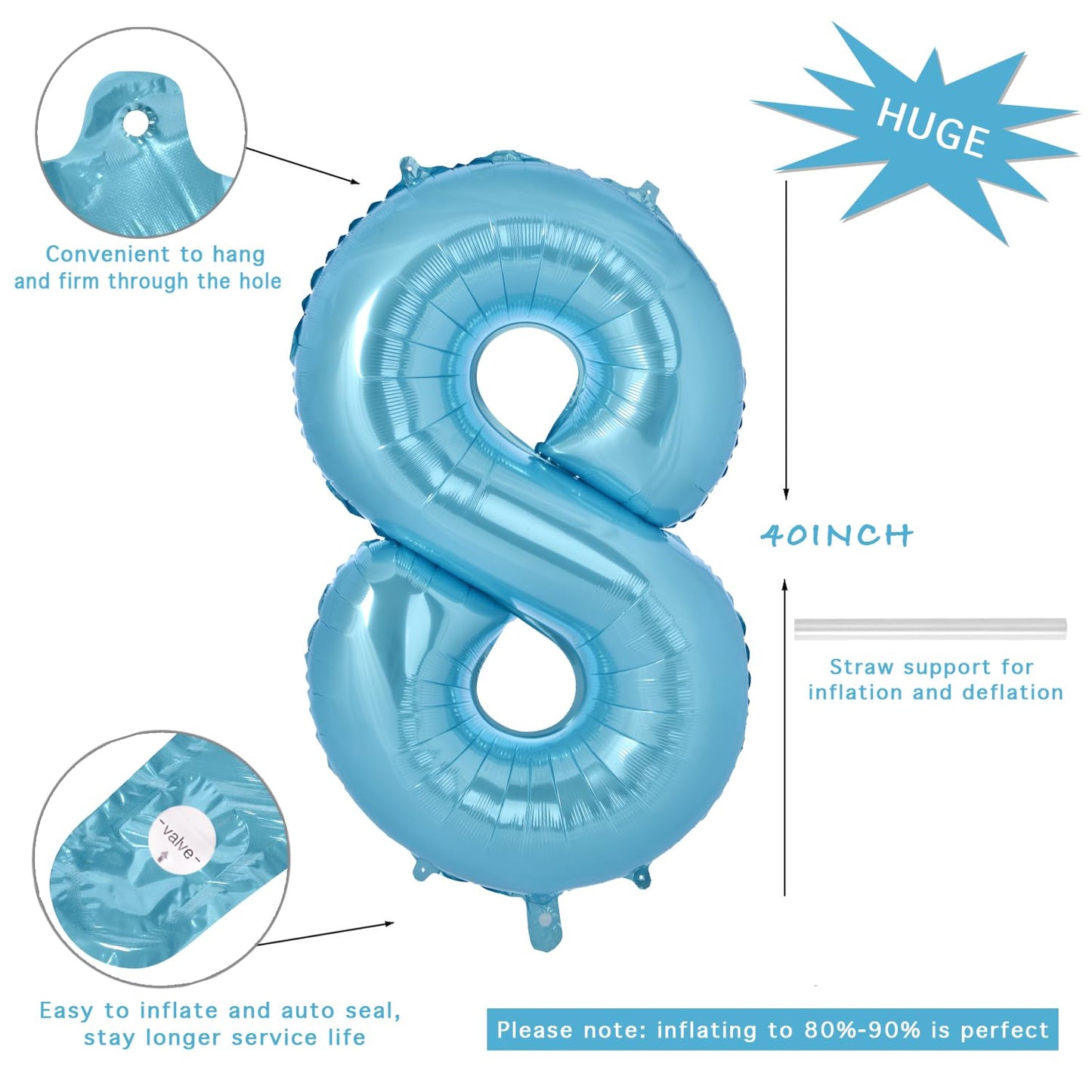 Vonokee 40 Inch Light Blue Giant Number Balloons 8, Jumbo Digital Foil Mylar Balloon For Birthday Party Wedding Anniversary Cele
