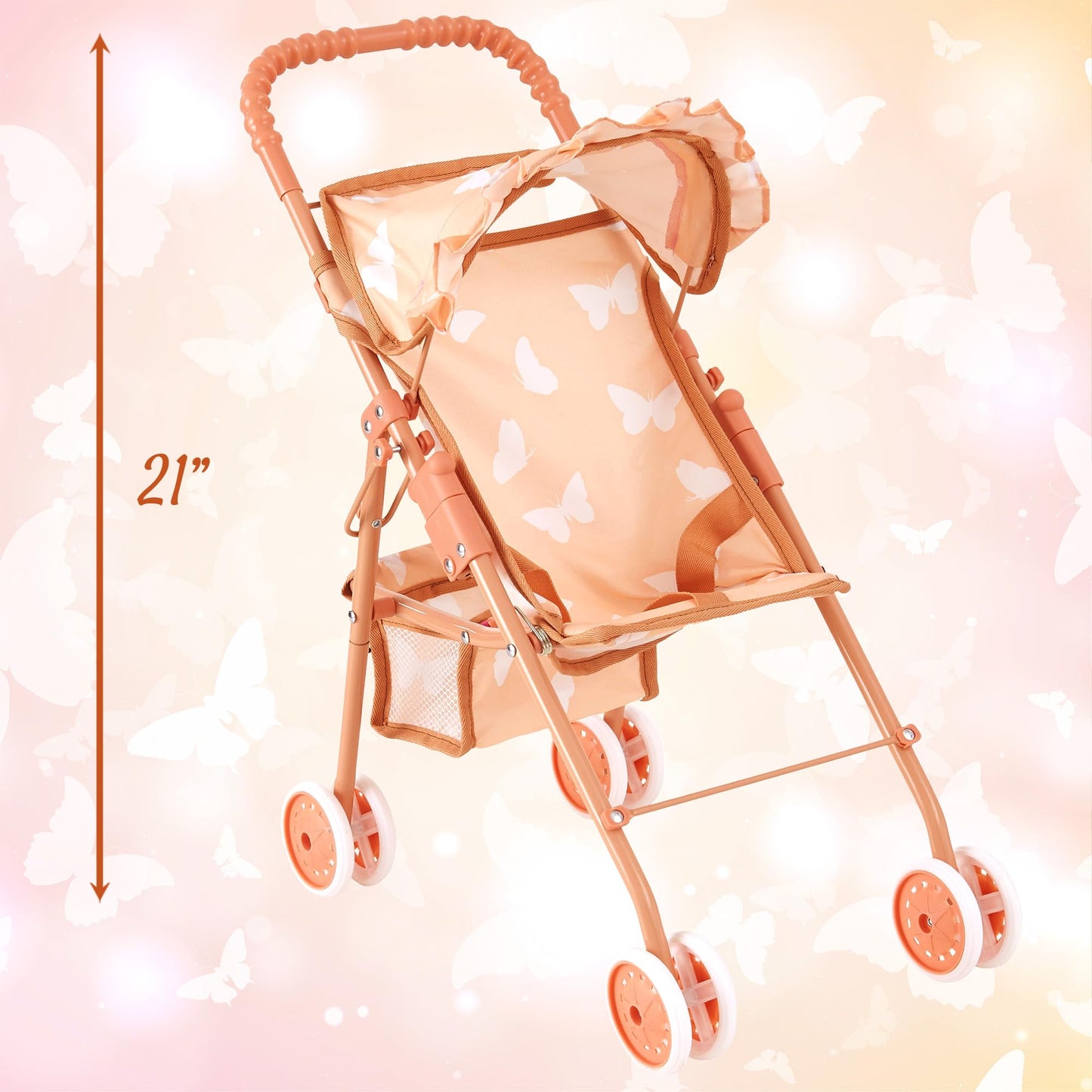 The New York Doll Collection Baby Doll Stroller for Toddlers, Foldable with Canopy, Beige Butterfly, Includes Storage Basket and Seatbelt
