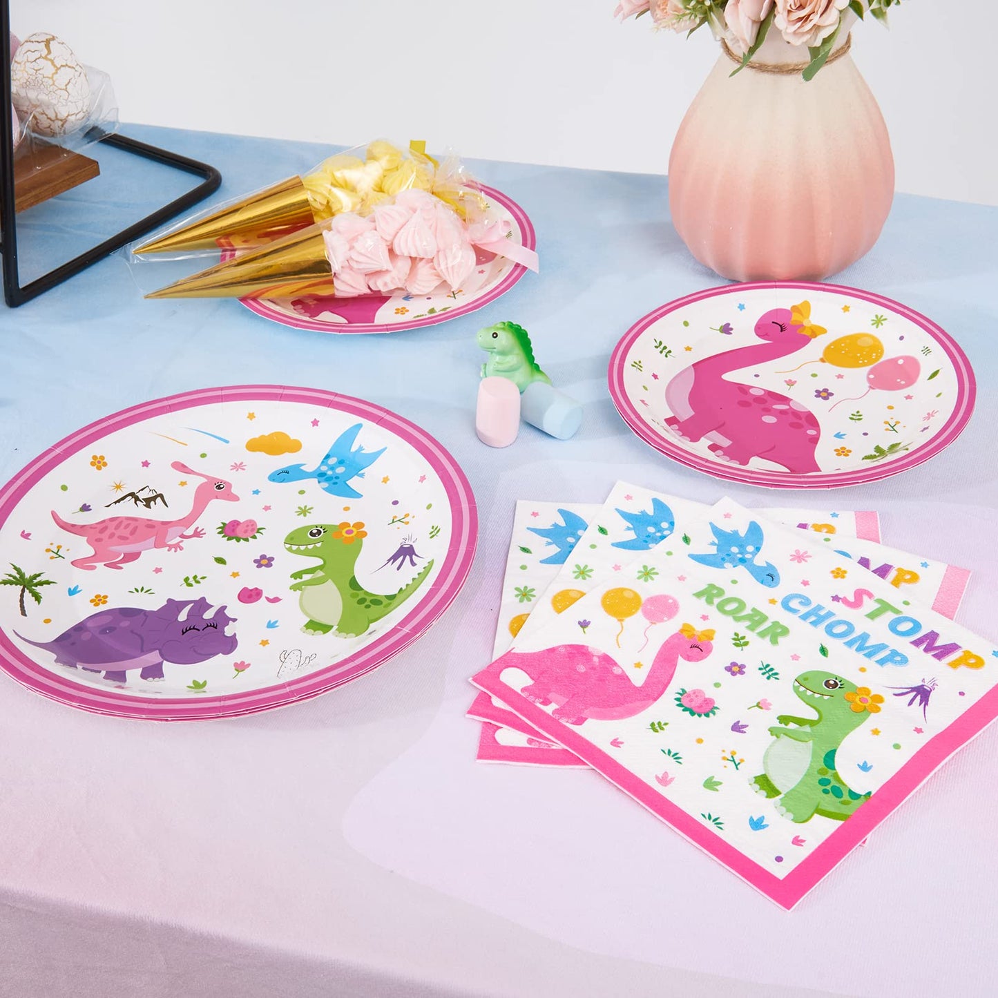 Wernnsai Disposable Dinosaur Plates And Napkins - 48Pcs Dino Party Supplies For Girls Luncheon Dinner Dessert Cake Plates Baby Shower Birthday Party Tableware Kit Serves 16 Guests