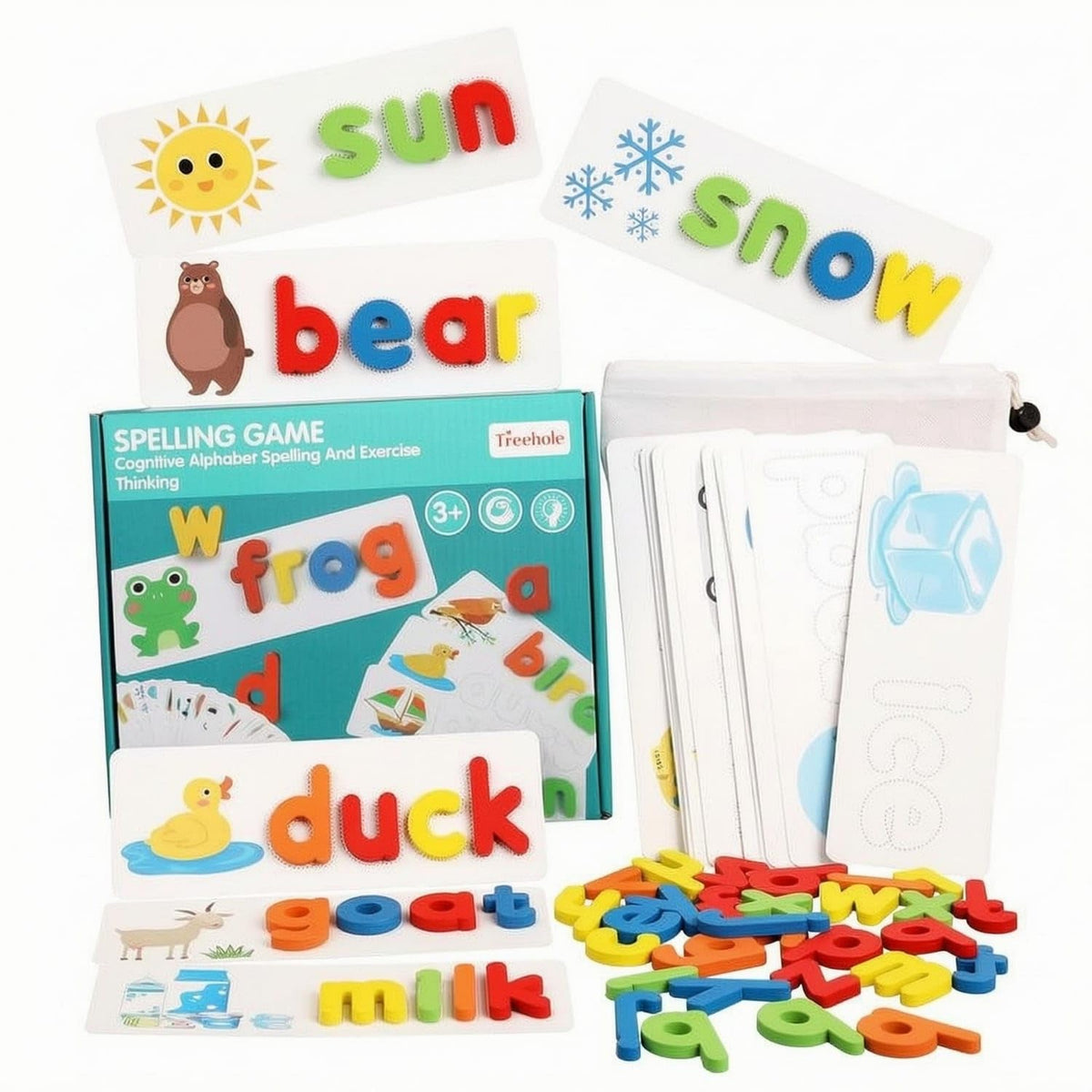 ZOOMELLA Colorful Wooden Spelling Game Painted Finish Wooden Word Builder Rounded Shapes Letter Recognition Game Smooth Edges fo