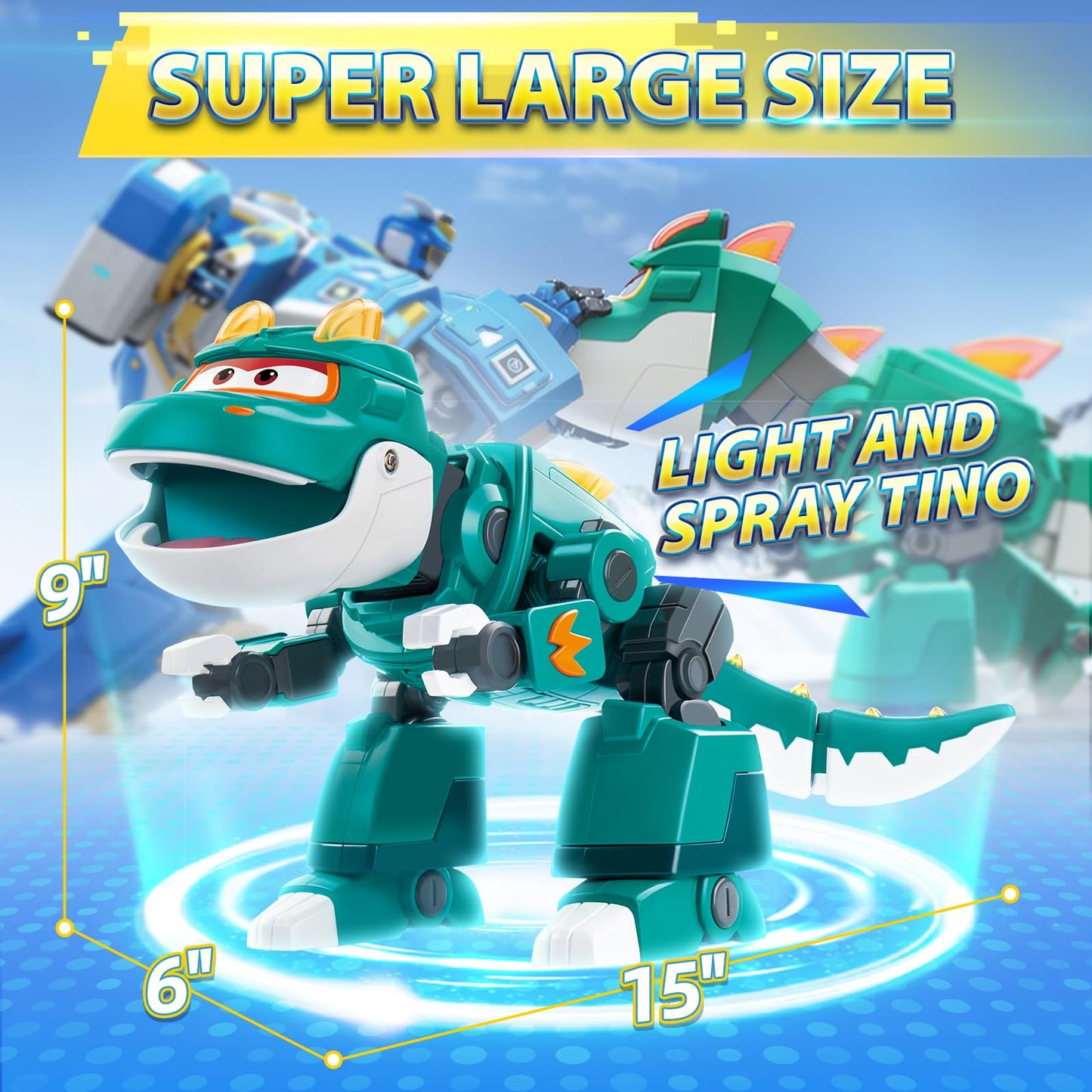 Super Wings Dinosaur Toys Tino - 15'' Green Robot with Spray, Lights & Roar Sounds, Action Figure for Kids 3-5, Model 760437