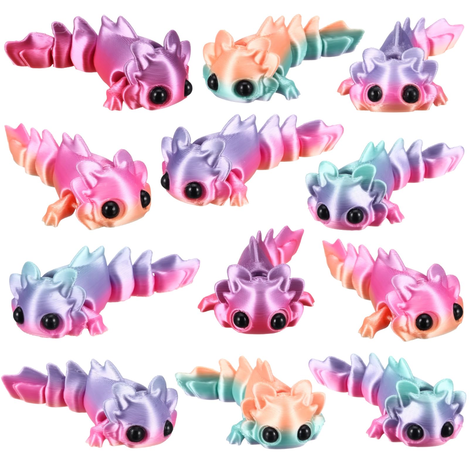 Honoson 12 Pcs 3D Printed Fidget Toy 3D Printed Rainbow Axolotl Small Animal Toy Flexible Cute Articulating Pet Stress Relief Fi