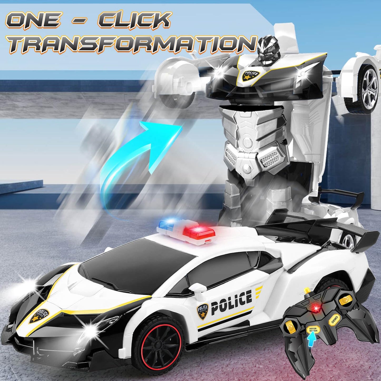 Getatoy Remote Control Car Transformer Toys for Boy 4-6 Years Old: One-Button Transforming Police Car with LED Light & 360 Rotat