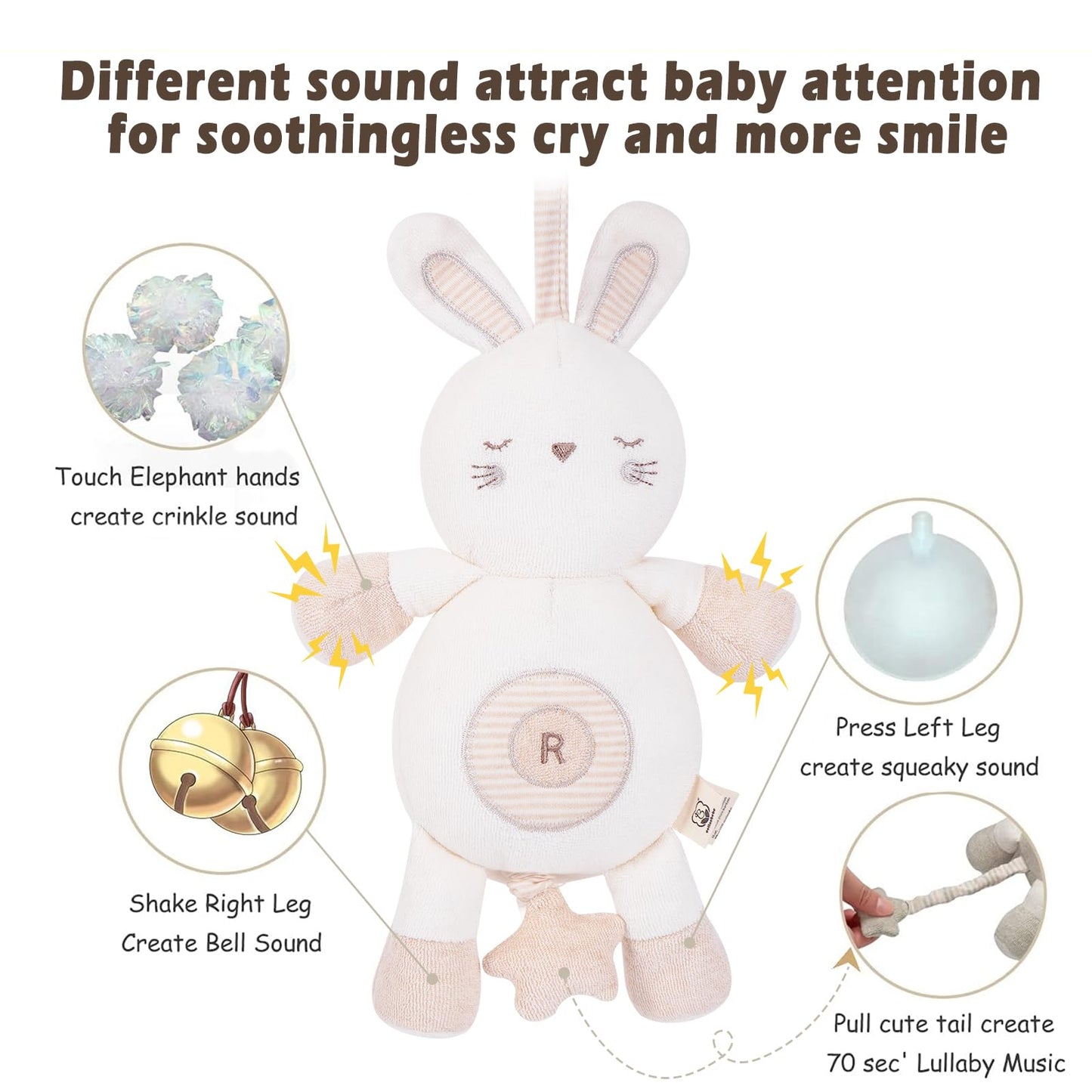 Cottonebebe Organic Baby Toys, Stuffed Animal Toy With Lullaby Music For Infant Babies 0 3 6 12 To 36 Months Boy & Girl,Ideal Gift For Newborn (Rabbit, Cotton)