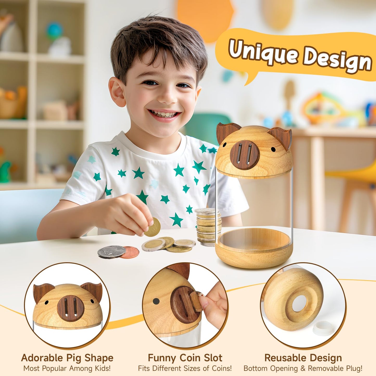 Hizgo Wooden Piggy Bank For Kids Adults, Clear Savings Jar For Boys And Girls, Unbreakable Money Coin Bank For Kids Birthday