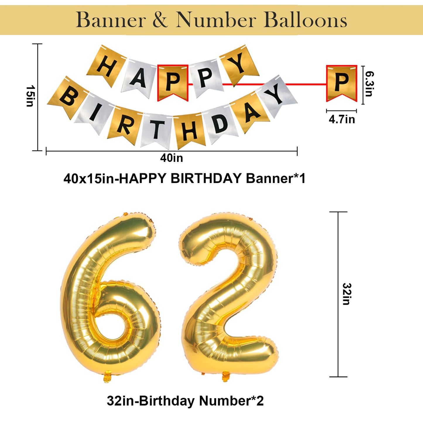Naninuneno 62Nd Gold Birthday Decorations, Gold Black Silver Happy Birthday Balloons Supplies For Boy Men Girl Women, 62 Birthda