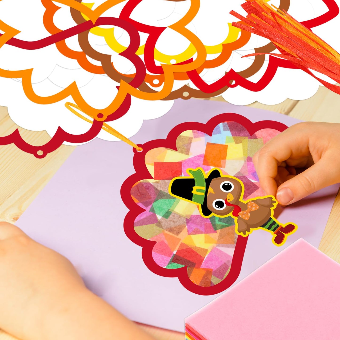 Ceiba Tree 24Pcs Thanksgiving Suncatcher Crafts for Kids Turkey Fall Craft with Turkey Cutouts and Tissue Paper Autumn DIY Windo