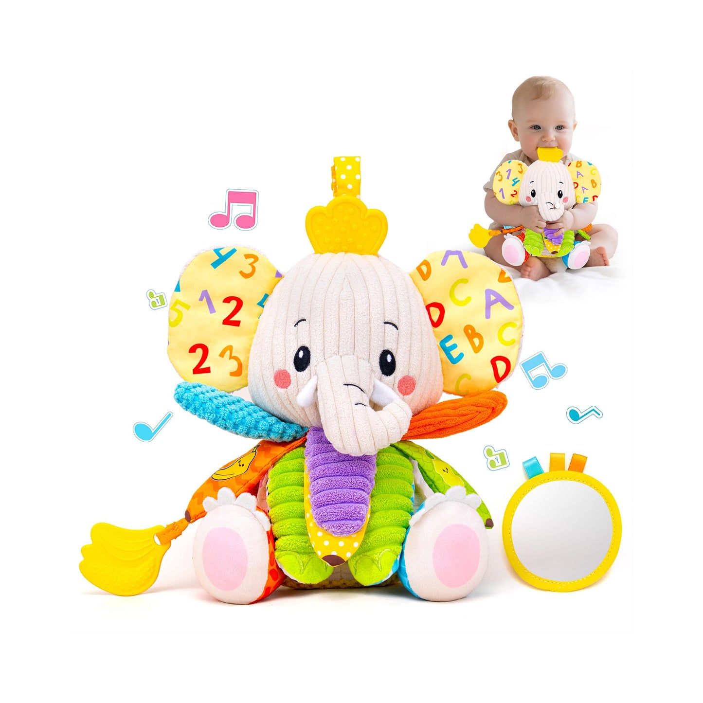 Baby Toys 3-6 Months  Musical Stuffed Elephant Toddler Toy for Newborn Infant 3 6 9 12 Months  Tummy Time Toys Montessori Sensory Toys 0-6 6-12 Months  Crinkle Paper  Mirror Soothing Music Shower Gift