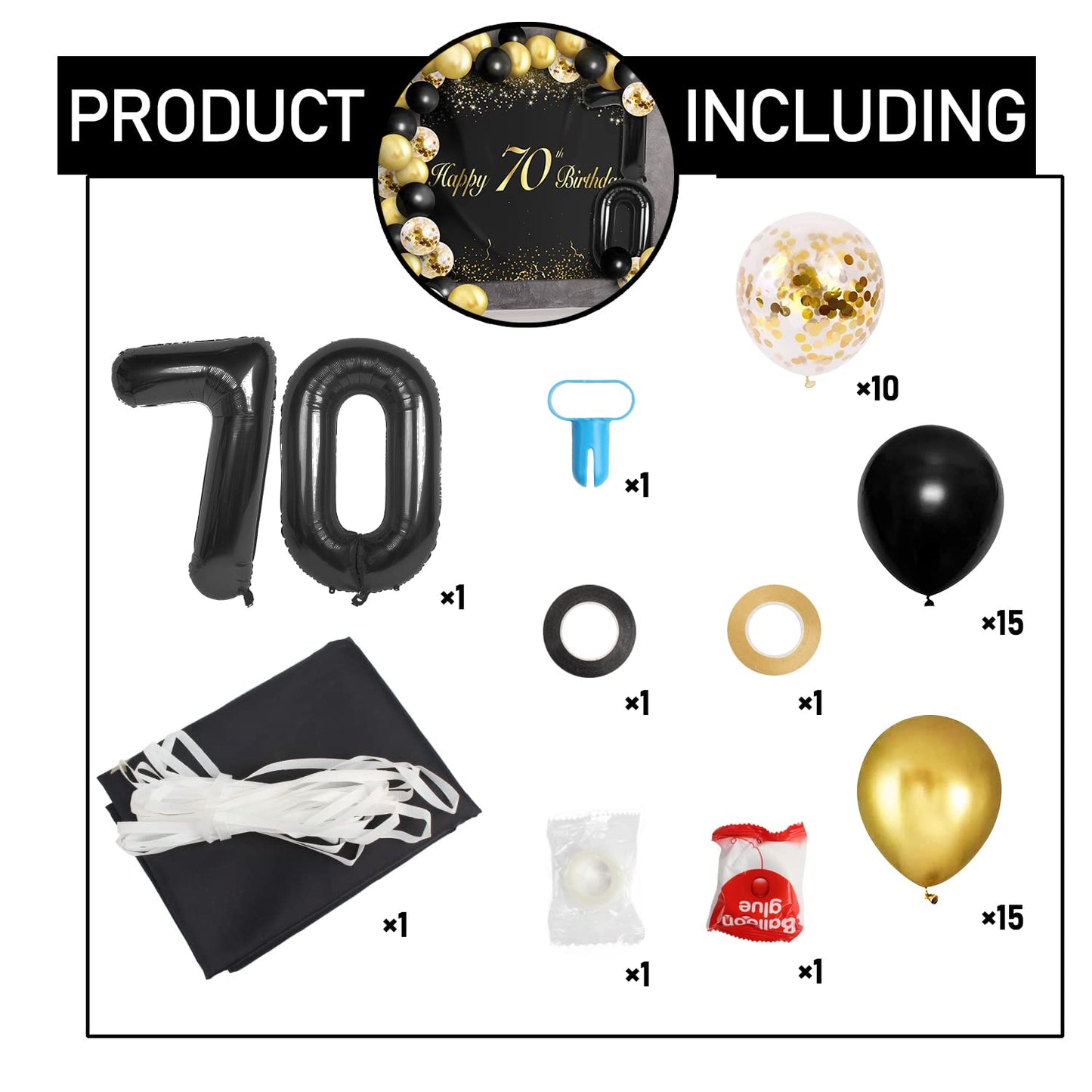Happy 70Th Birthday Balloons Black Set Decor - Cheers To 70 Years Old Party Theme Garland Banner Backdrop Decorations For Women