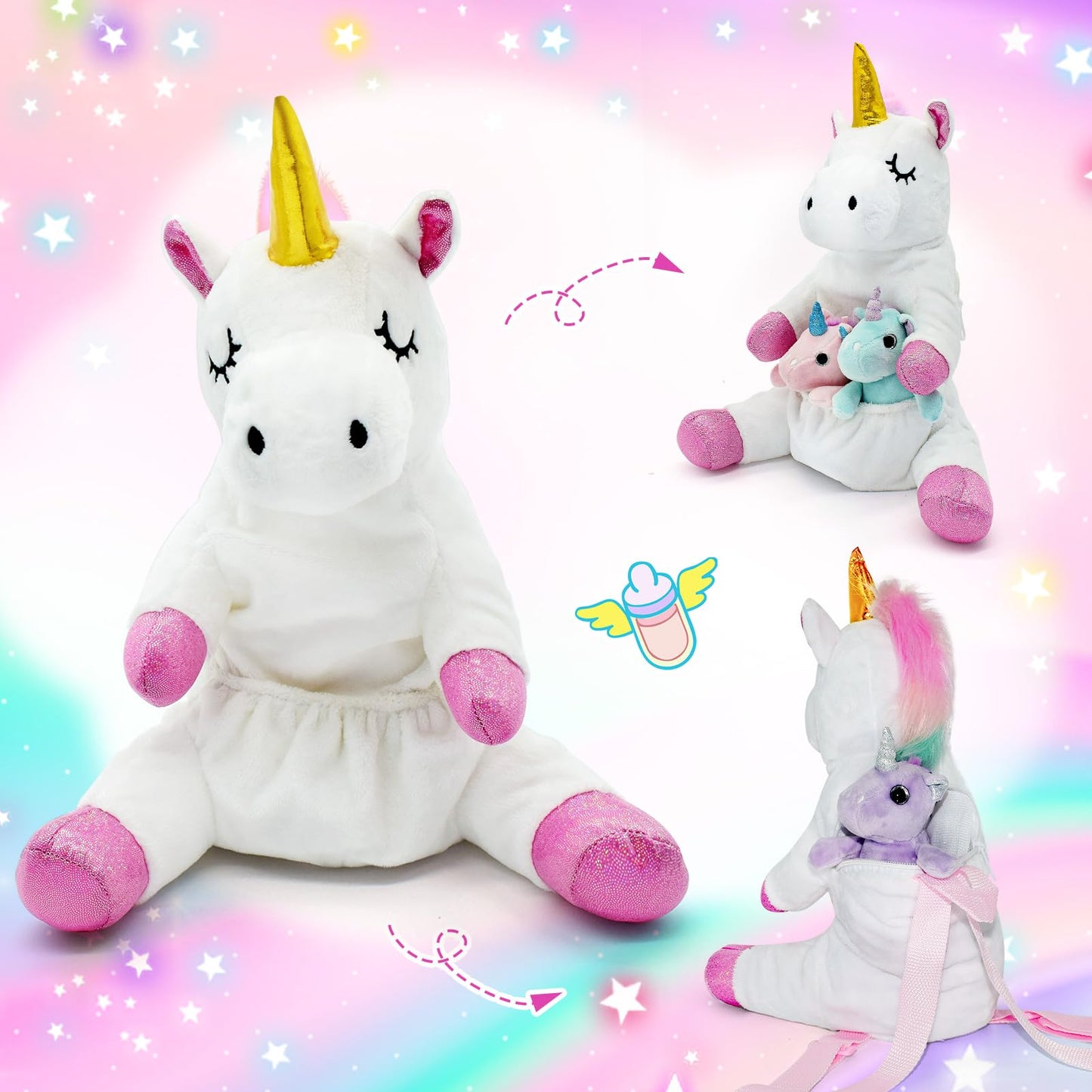 FUNCREVITY Unicorn Plush Toys Set - 5-Pack Mommy Unicorn with 4 Babies, Multicolor, Ideal Gifts for Girls Age 4-8+ for Birthdays & Holidays