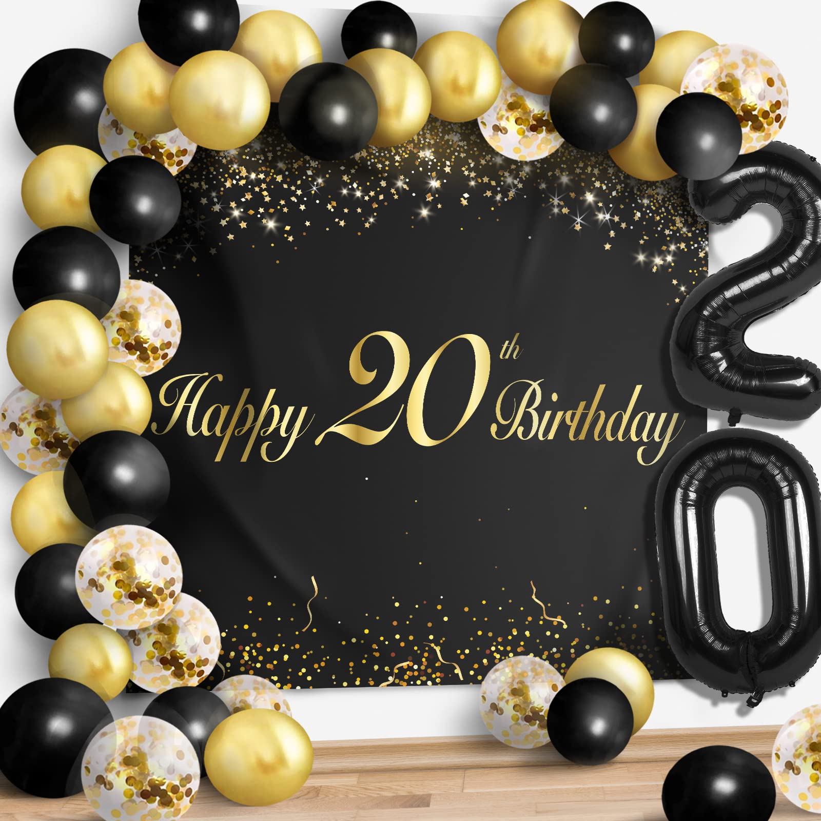 Happy 20Th Birthday Balloons Black Set Decor - Cheers To 20 Years Old Party Theme Garland Banner Backdrop Decorations For Women