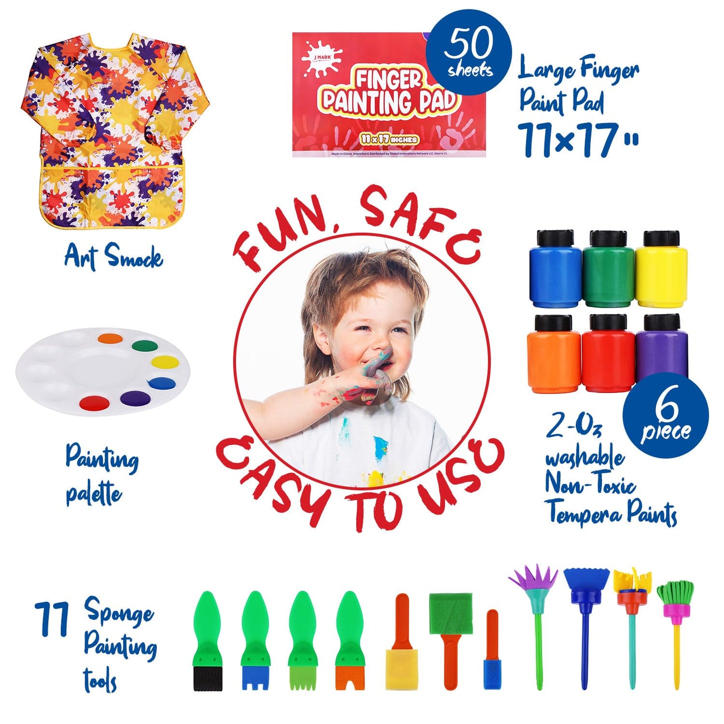 J MARK Complete Toddler Washable Finger Paint Set, Sponge Painting Tools, Large Finger Paint Pad, Tempera Finger Paints, Smock a