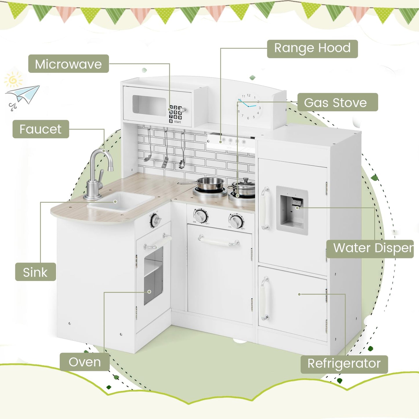 Costzon Kids Corner Kitchen Playset, 8-In-1 Wooden Play Kitchen Toy Set W/Realistic Microwave, Oven, Stove, Refrigerator, Water