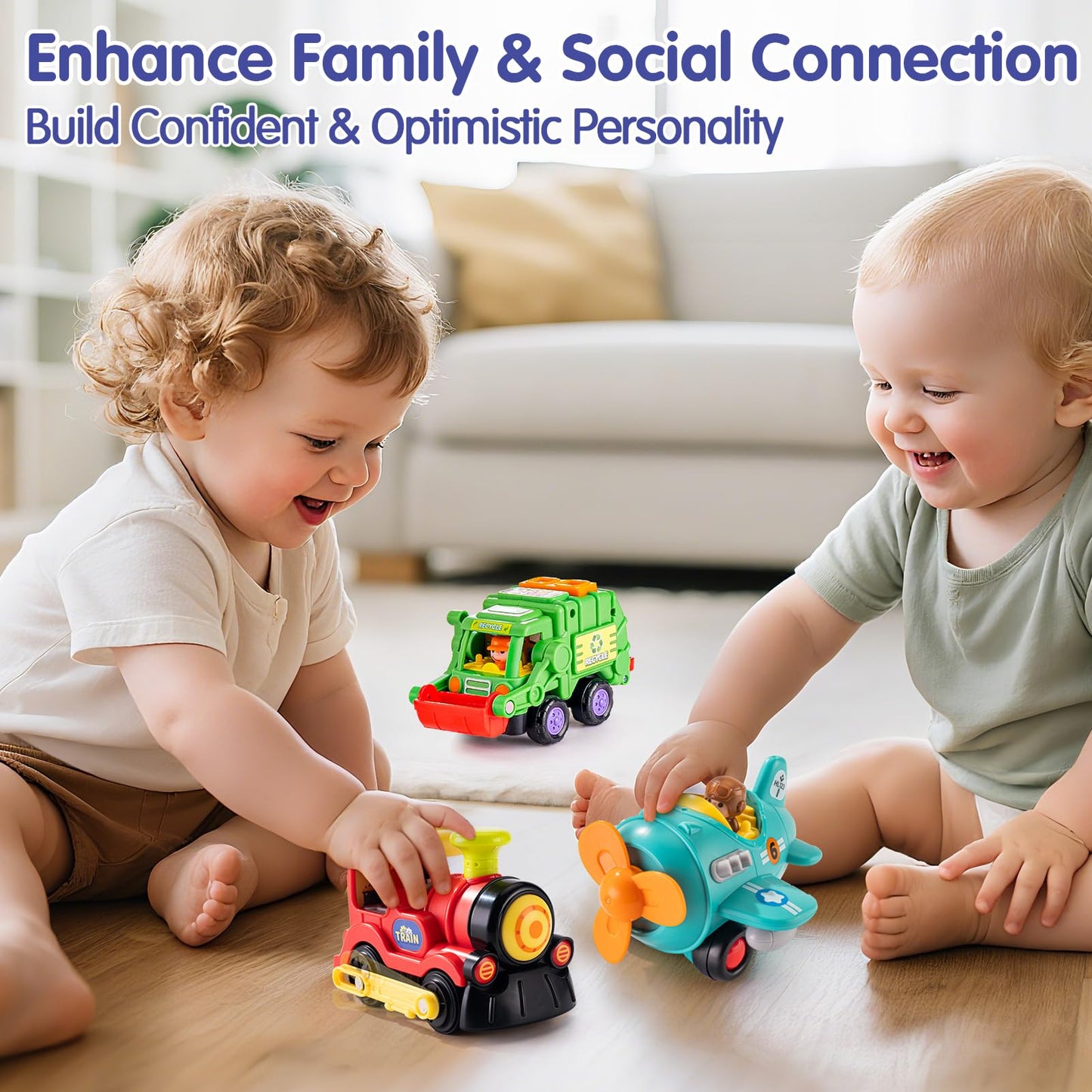 HOLA Toys for 1 2 3 Year Old Boy Birthday Gift - 3 PCS Friction-Powered Trucks & Propeller Plane Toy, Garbage Truck & Train Todd