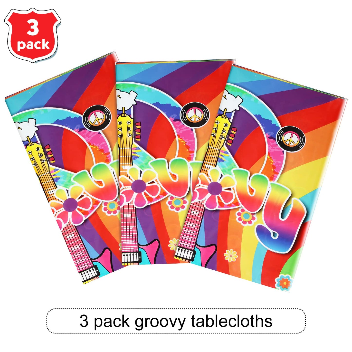 3 Pieces Plastic Groovy Tablecloths Retro Hippie Table Covers for Rectangle Table, Disposable Rainbow Party Decorations for 60s