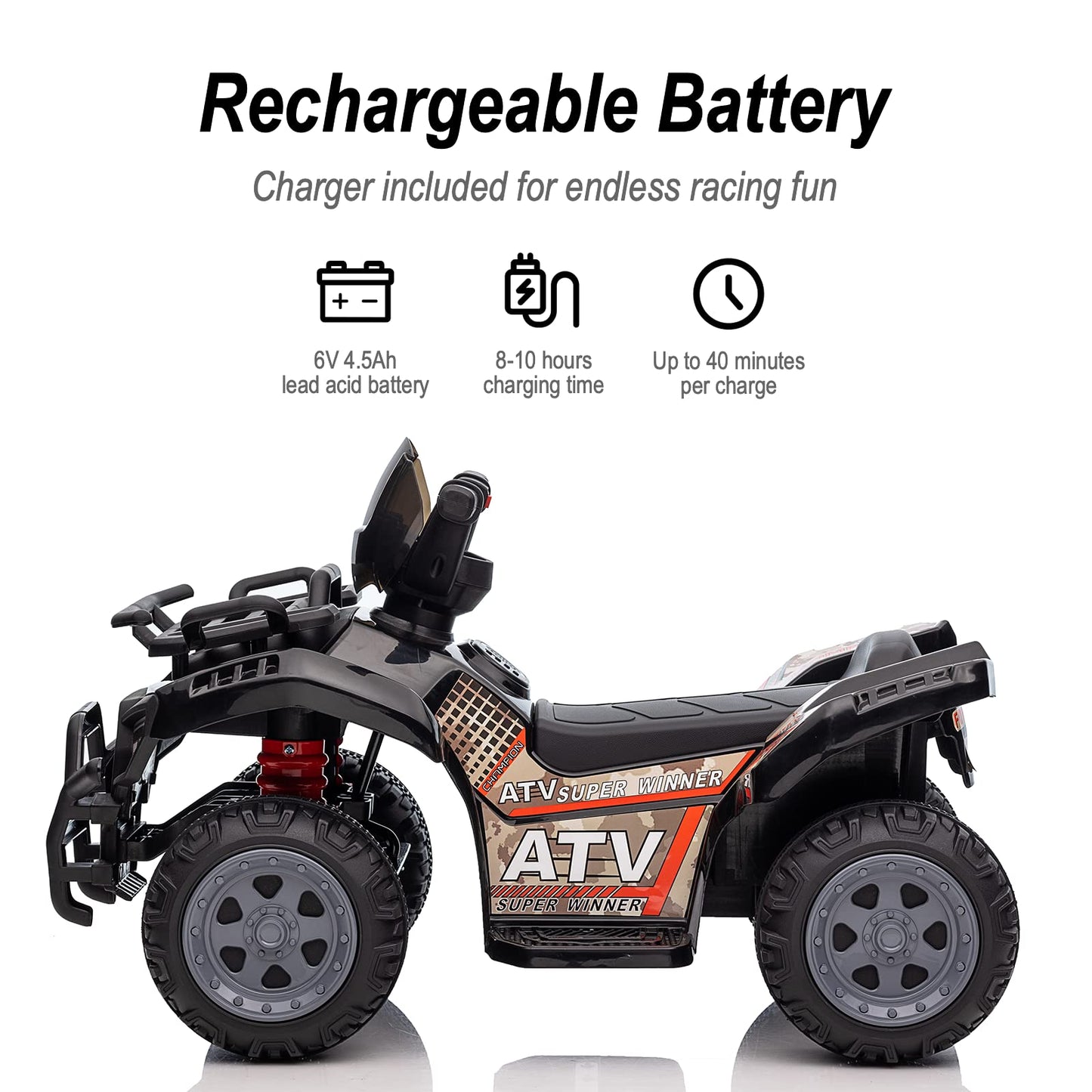 Hikiddo Kids Atv 4 Wheeler, 6V Ride-On Toy For Toddlers 1-3 Boys & Girls With Music, Forward & Reverse - Black