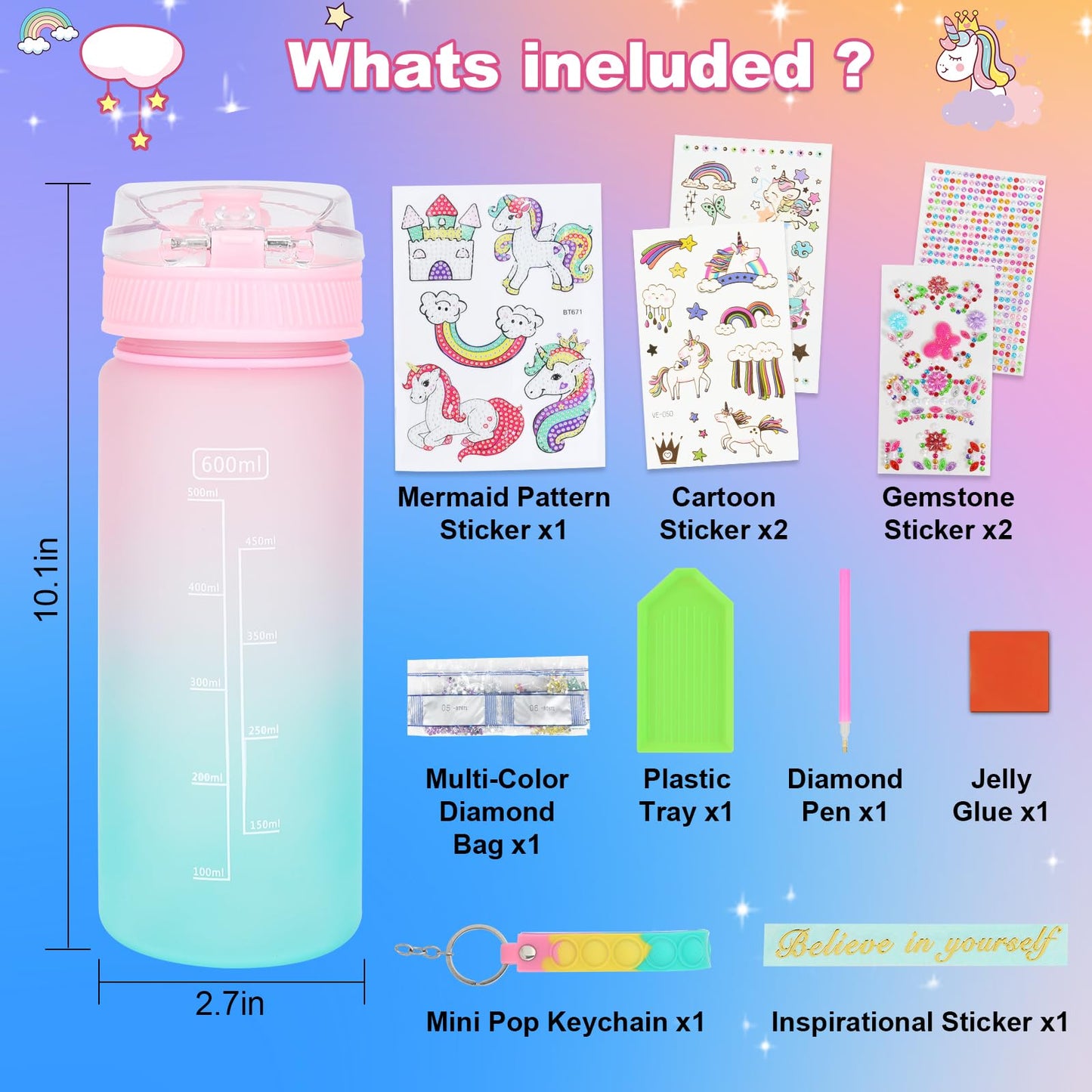Decorate Your Own Water Bottle Kits For Girls Age 4-12, Unicorn Gem Girls Diamond Painting Crafts, Arts And Crafts Kits Toys Unicorn Gifts For 3-10 Year Old Girls Kids Birthday (Unicorn 600Ml)
