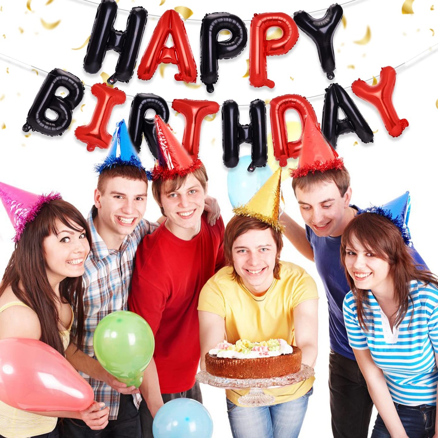 Pigetale Black And Red Happy Birthday Banner Balloons, 16 Inch Mylar Foil Happy Birthday Sign Banner For Kids And Adults, 3D Hap