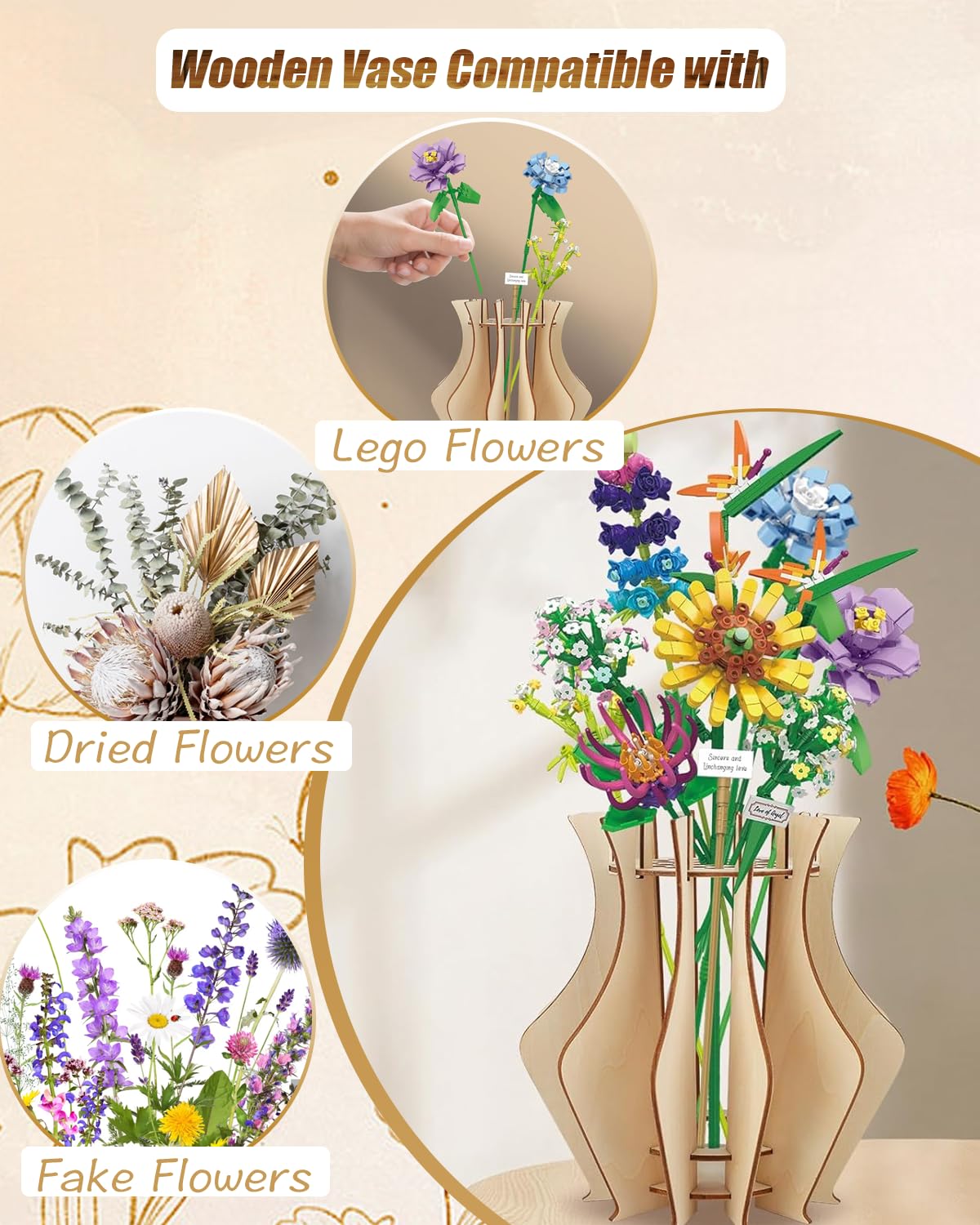 Wooden Vase For Lego Flowers, Vase Building Set For Roses, Wooden Puzzle Flower Vase For Lego Flower Bouquet Building Set, Displ