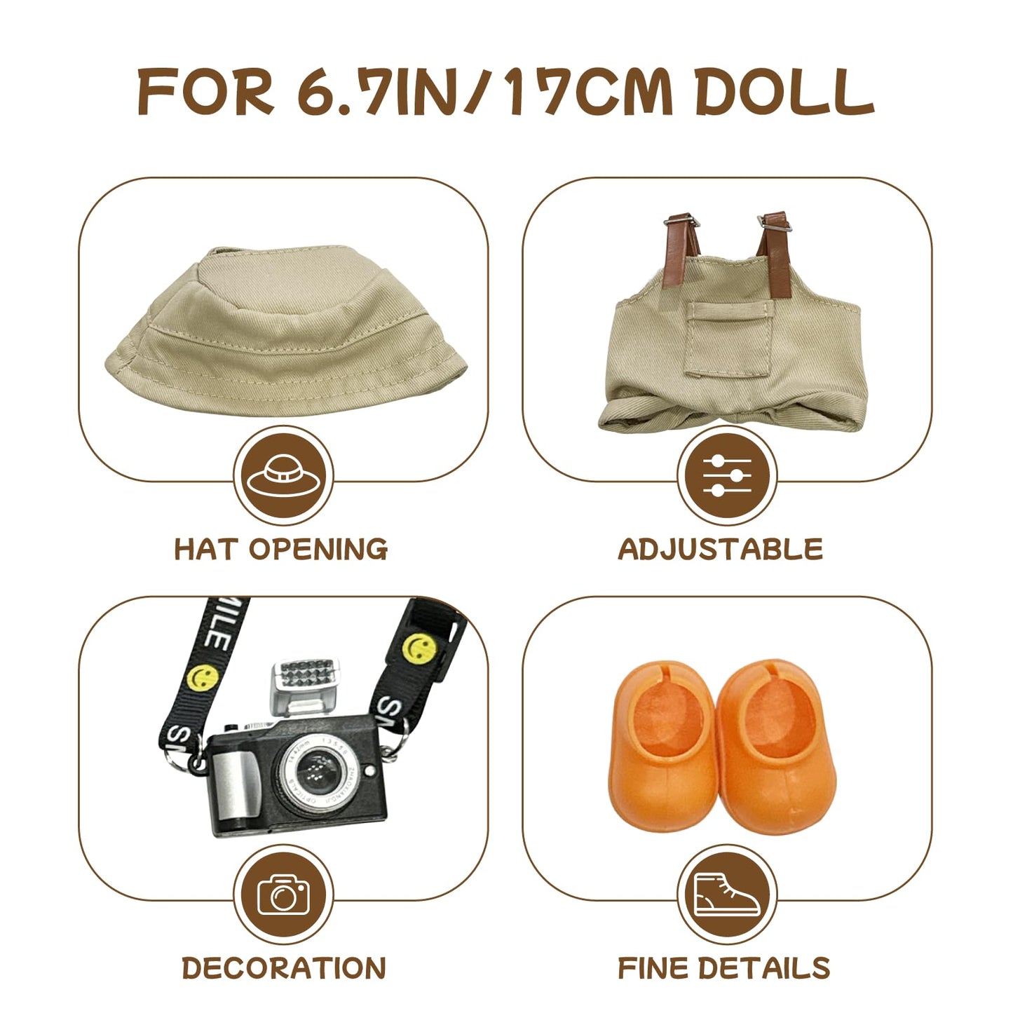 17cm Light Purple Outfit Set (Doll Not Included) - Bucket Hat  Overalls Shorts  Mini Camera & Shoes  Cute Style for 17cm Doll Dress-up (Khaki SC)