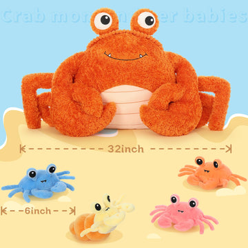 Morismos 5 Pcs Crab Plush Stuffed Animal, 32' Large Mommy Crab With 4 Babies, Crabs Stuffed Plushies Gift For Girls Boys Kids