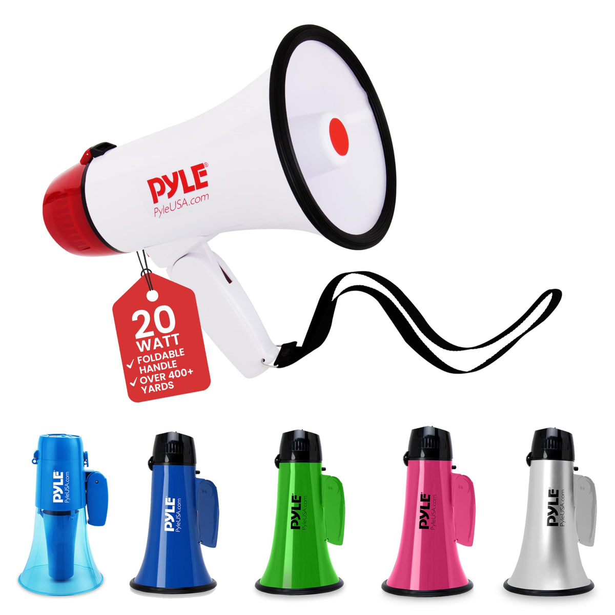 Pyle 20W Megaphone Bullhorn - 5.4 x 8.6 Portable Megaphone, Projection Range Up to 800 Sq. Yards, Voice Talking & Siren Aler
