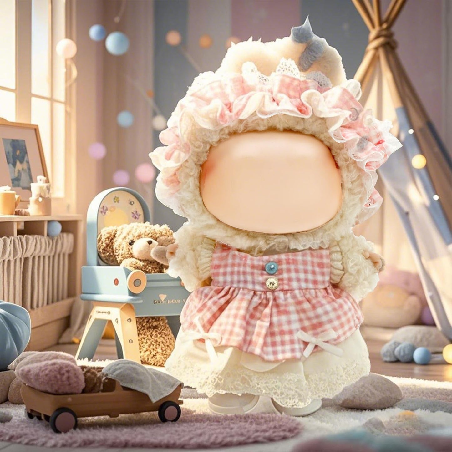 Eayaele Clothes for Labubu - 4PC Set with Shoes for 6.7 Inches Doll  enhanced Outfit with Accessories  Stylish Clothes for Labubu (NO Doll)(Pink Plaid)