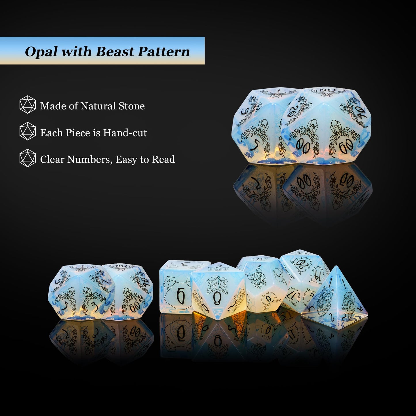UDIXI Opal Stone DND Dice Set, 7PCS Gemstone Dice Stone Dice Set D&D with Gift Case for Dungeons and Dragons Table Games (Beast