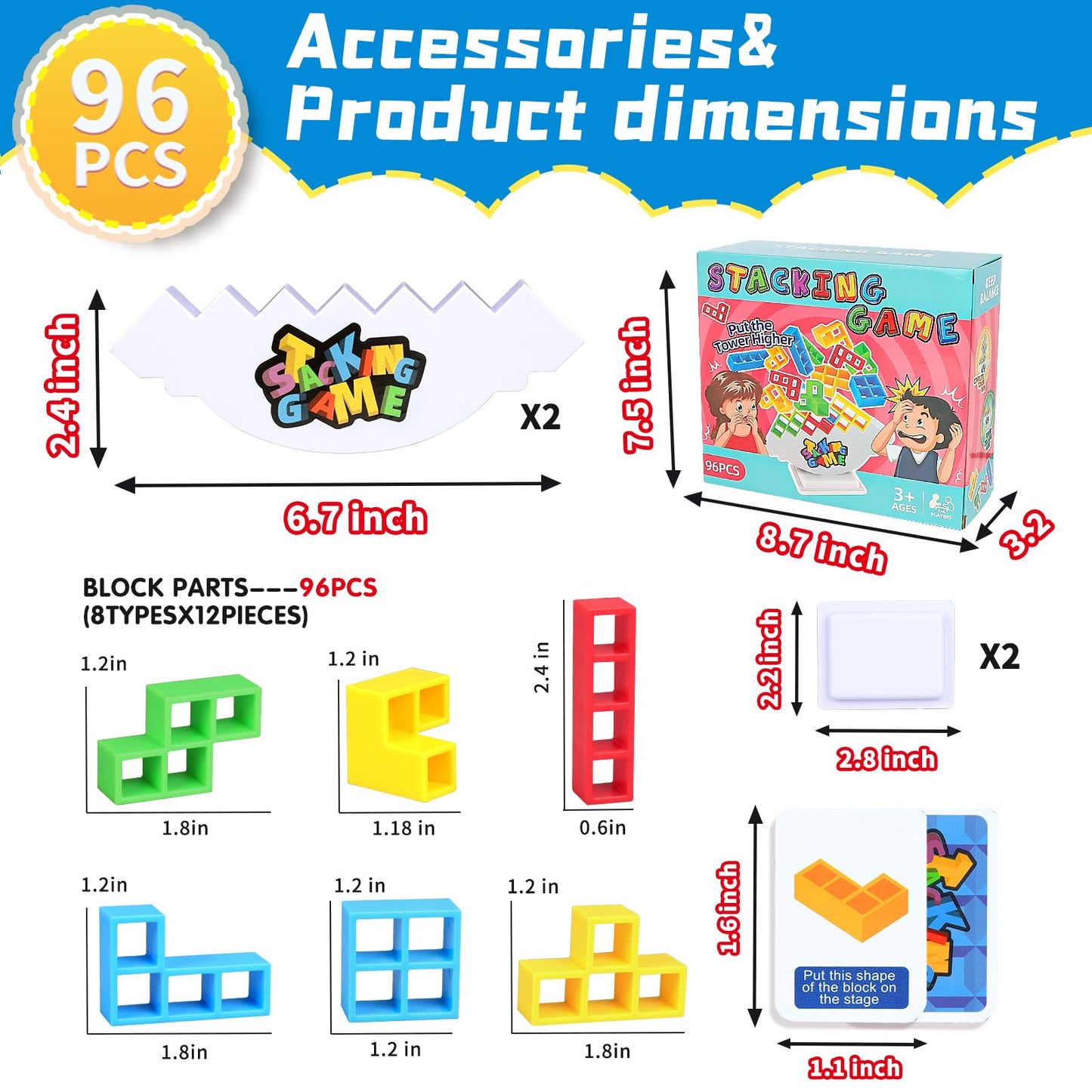 BBnote 96PCS Stack Game for mature-themed & Kids  Tetra Board Tower Games for Family Travel Party  4 Players Balance Stacking Toy  Team Toys Building Block