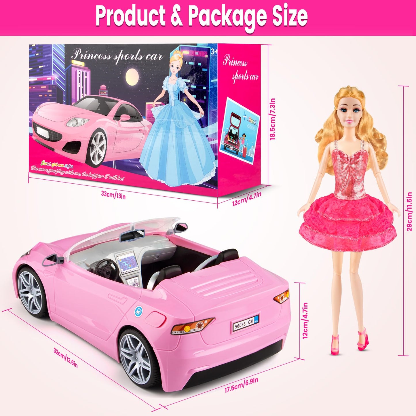 76 Pcs Doll & Convertible Car Playset,Included 11.5 In Doll,Doll Car,Princess Dresses,Fashion Dresses,Casual Clothing,Swimsuits,