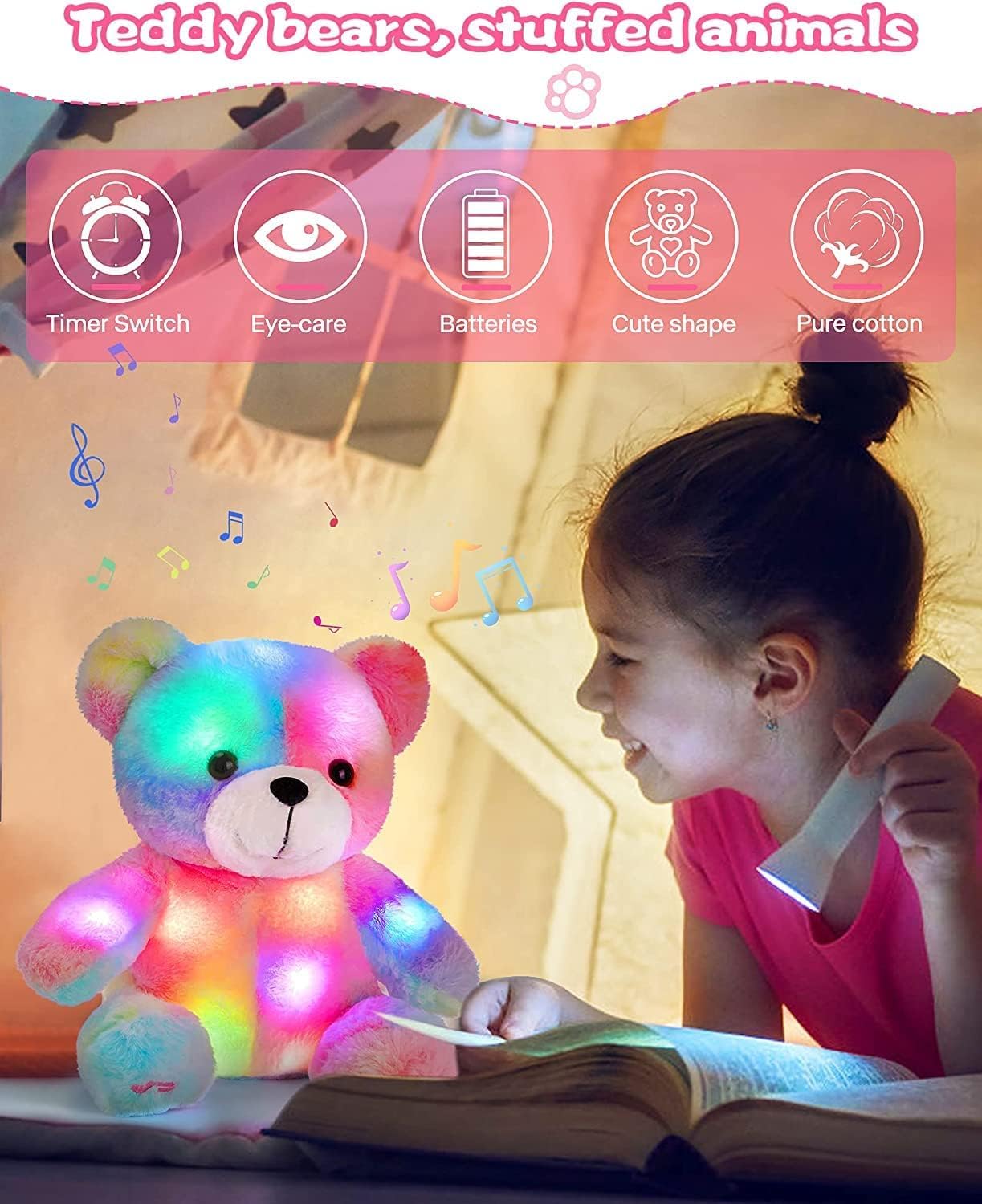 Sencu Teddy Bear Stuffed Animal,12 Inch Light Up Music Bears Soft Stuff Animals Cute Led Plush Toys Birthday Mother'S Day Valent
