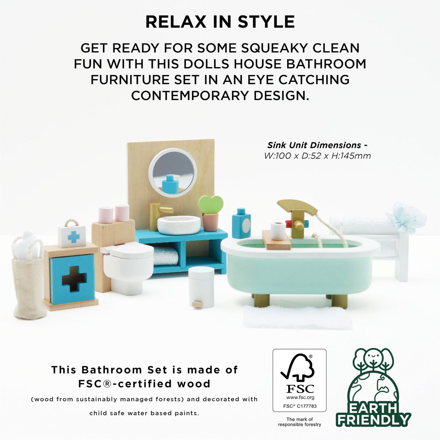 Le Toy Van - Daisylane Bathroom Premium Wooden Toys Dolls House Accessories |Playset For Doll House | Girls Dolls House Furniture Sets - Suitable For Ages 3+