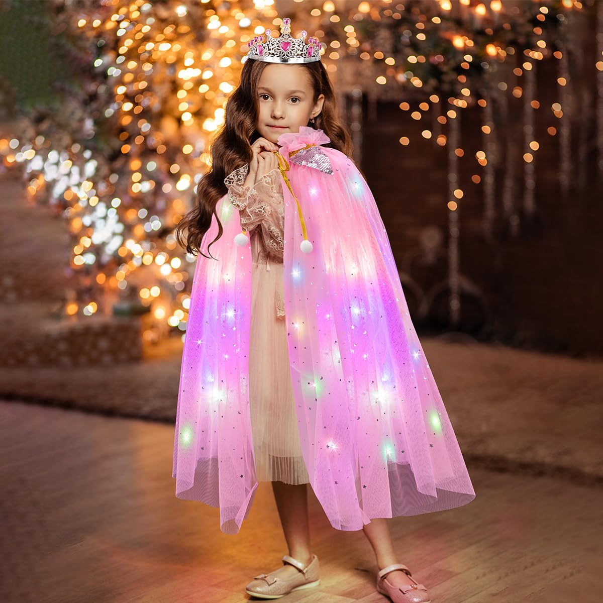 Meland Princess Dress Up For Girls, Light Up Princess Cape With Crown, Dress Up Clothes Birthday Gift For Girls Toys 3-8