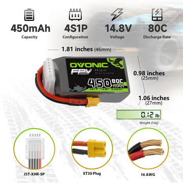 Ovonic 4S Lipo Battery 80C 450Mah 14.8V Lipo Battery With Xt30 Connector For Rc Fpv Racing Drone Quadcopter(4 Packs)