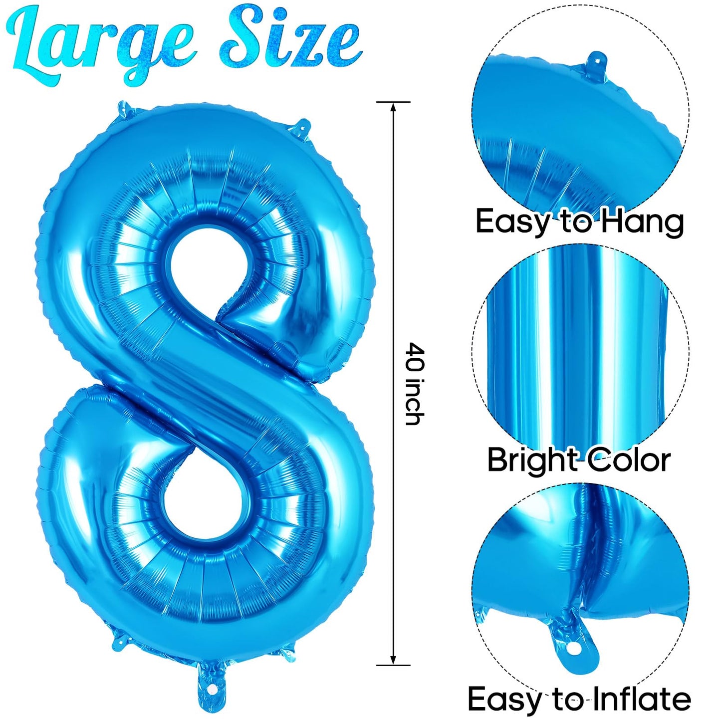 Blue Number 8 Balloon 40 Inch, Big Large Foil Helium Number Balloons, Jumbo Giant Mylar Number 8 Balloons For 8 Year Old Birthda