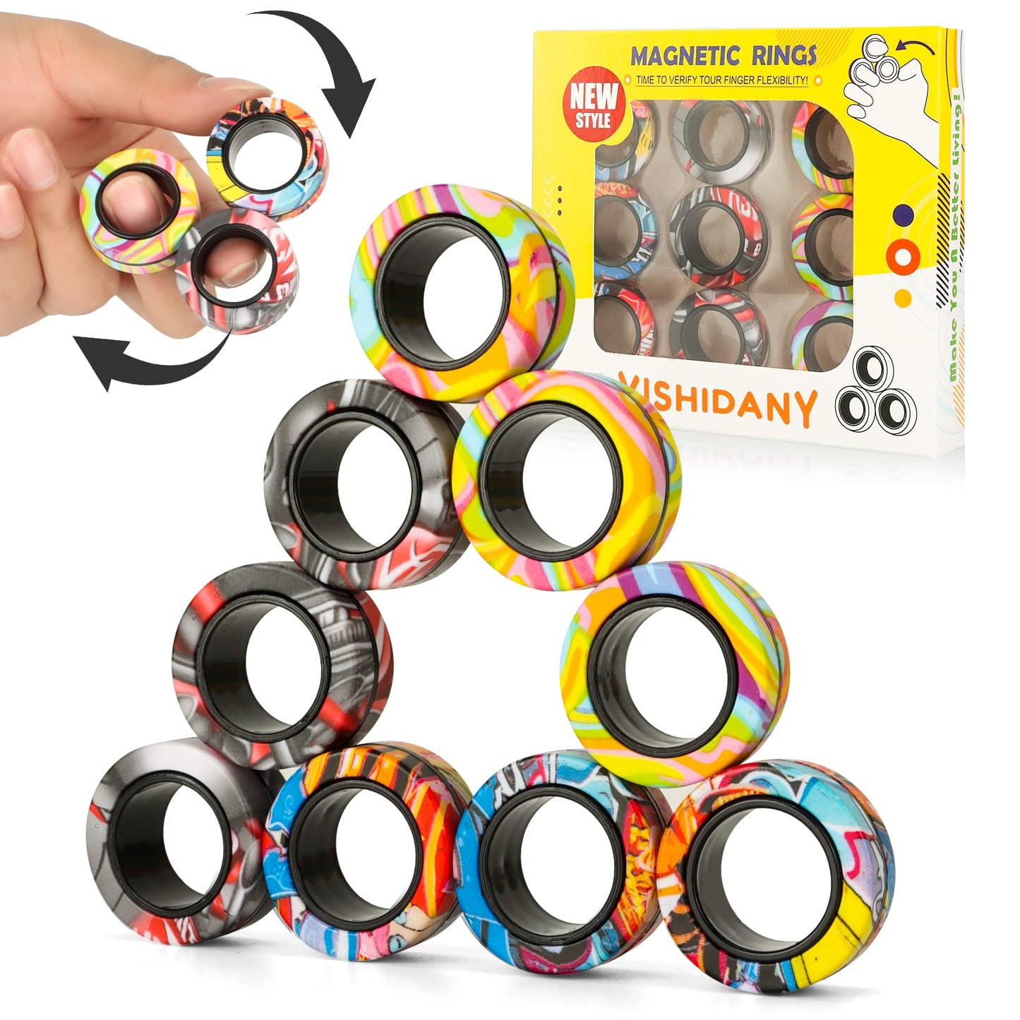 Yishidany 9Pcs Magnetic Rings Fidget Toys Pack, Magnets Finger Spinner For Adhd Stress Relief, Magical Fingears Ring For Trainin