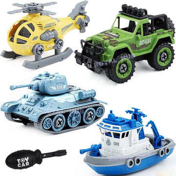 Royal Hub Diy Military Army Car Toy 4 Pack With 1 Screwdriver Tools, Kids Stem Toys Including 1 Helicopter, 1 Jeep, 1 Tank, And 