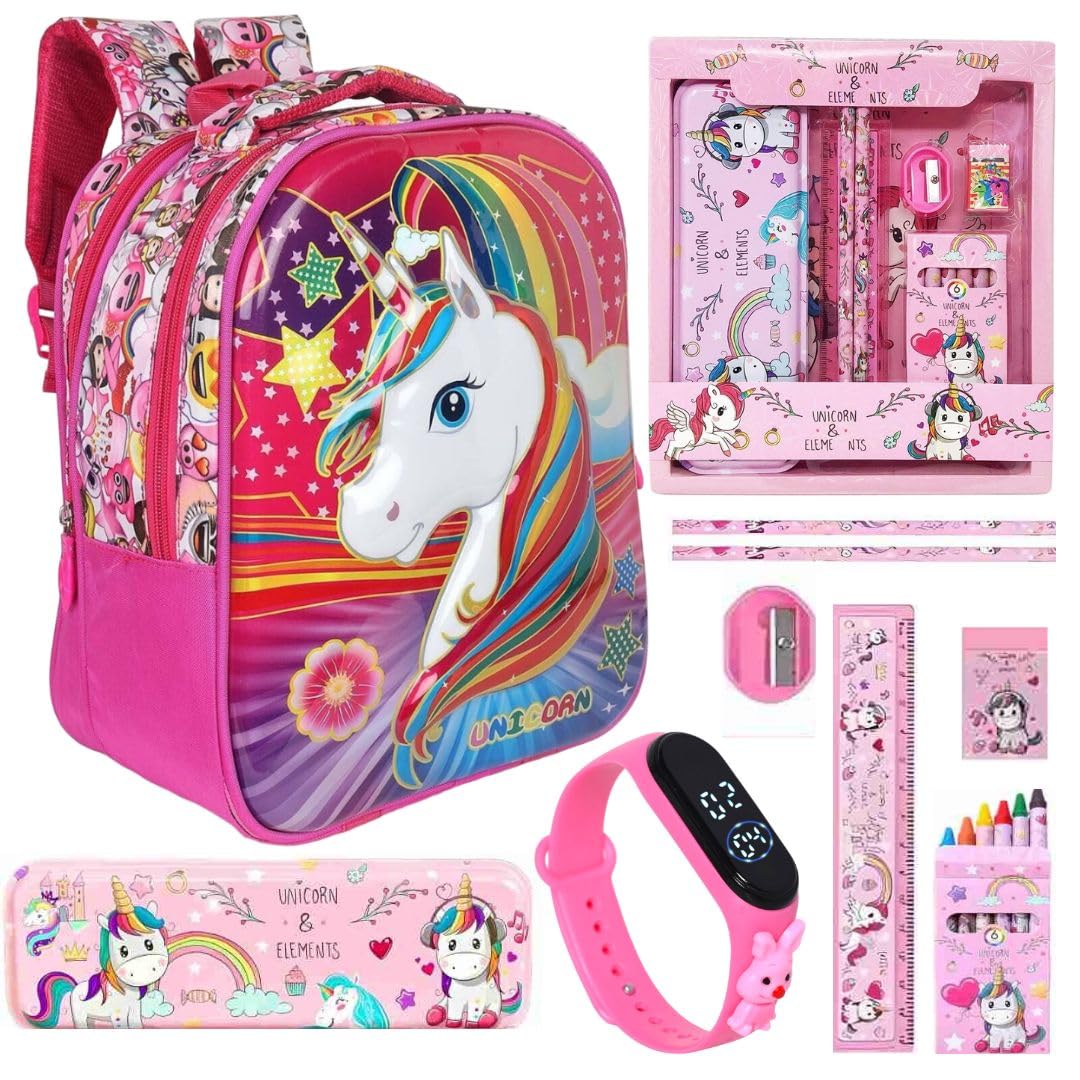 Prezzie Villa 9Pieces Kids Unicorn Backpack Set With A Wrist Watch, Unicorn Pencil Box, Unicorn Pencil, Sharpener, Eraser, Ruler