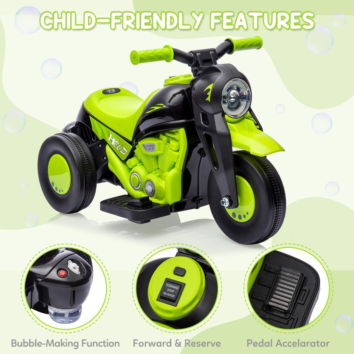 Kids Ride On Bubble Car, Hetoy 6V Battery Powered Electric Motorcycle 1.9 Mph Speed W/Led Headlights, Music, Pedal, Forward/Reserve, 3 Wheels Motorbike Toys Gift For Toddler 3 And Up Boys Girls, Green