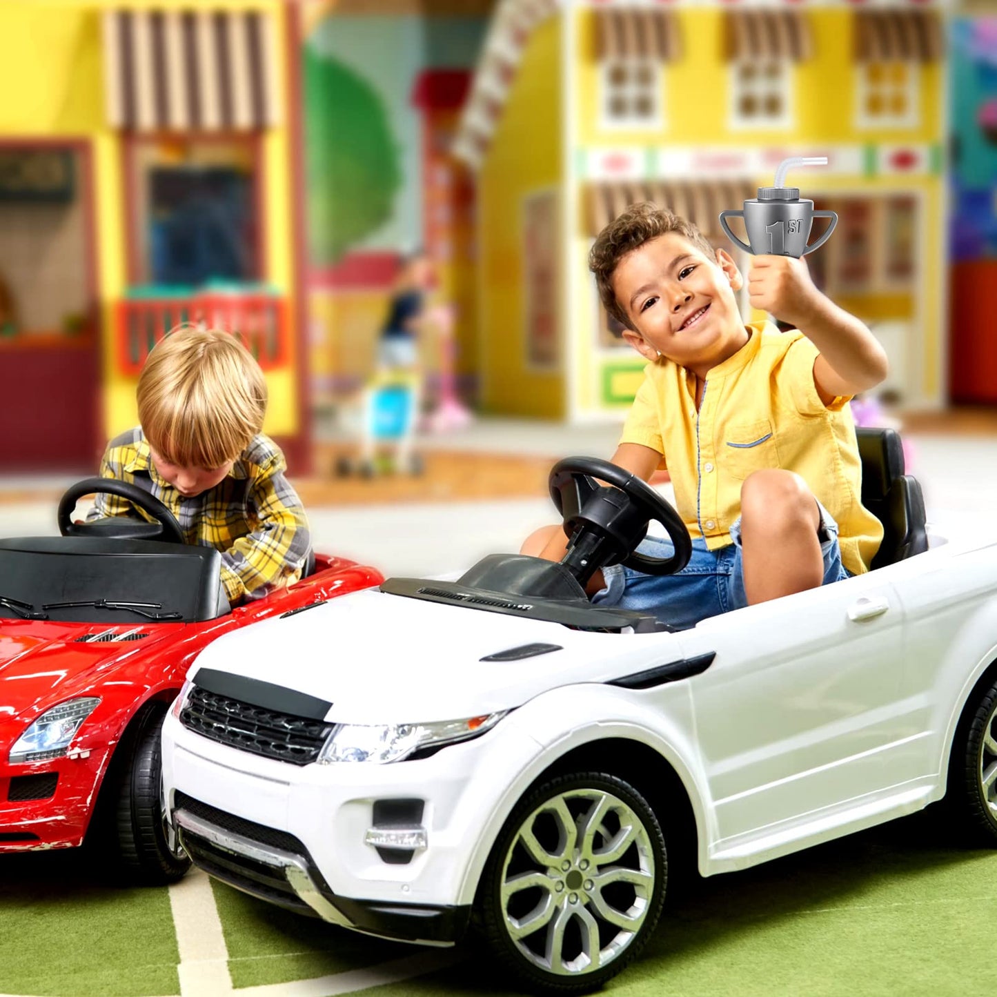 Amyhill 12 Pcs Race Car Trophy Cups With Straws and Lids 12 Oz Plastic Race Car Birthday Party Supplies And Favors For Kids Adul