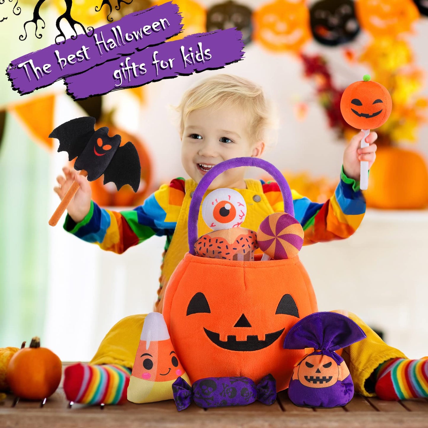 11 Pcs Halloween Pumpkin Set Halloween Plush Toys Stuffed Pumpkin Plush Ghost Candy Corn Bat Pumpkin Baskets Halloween With Hand