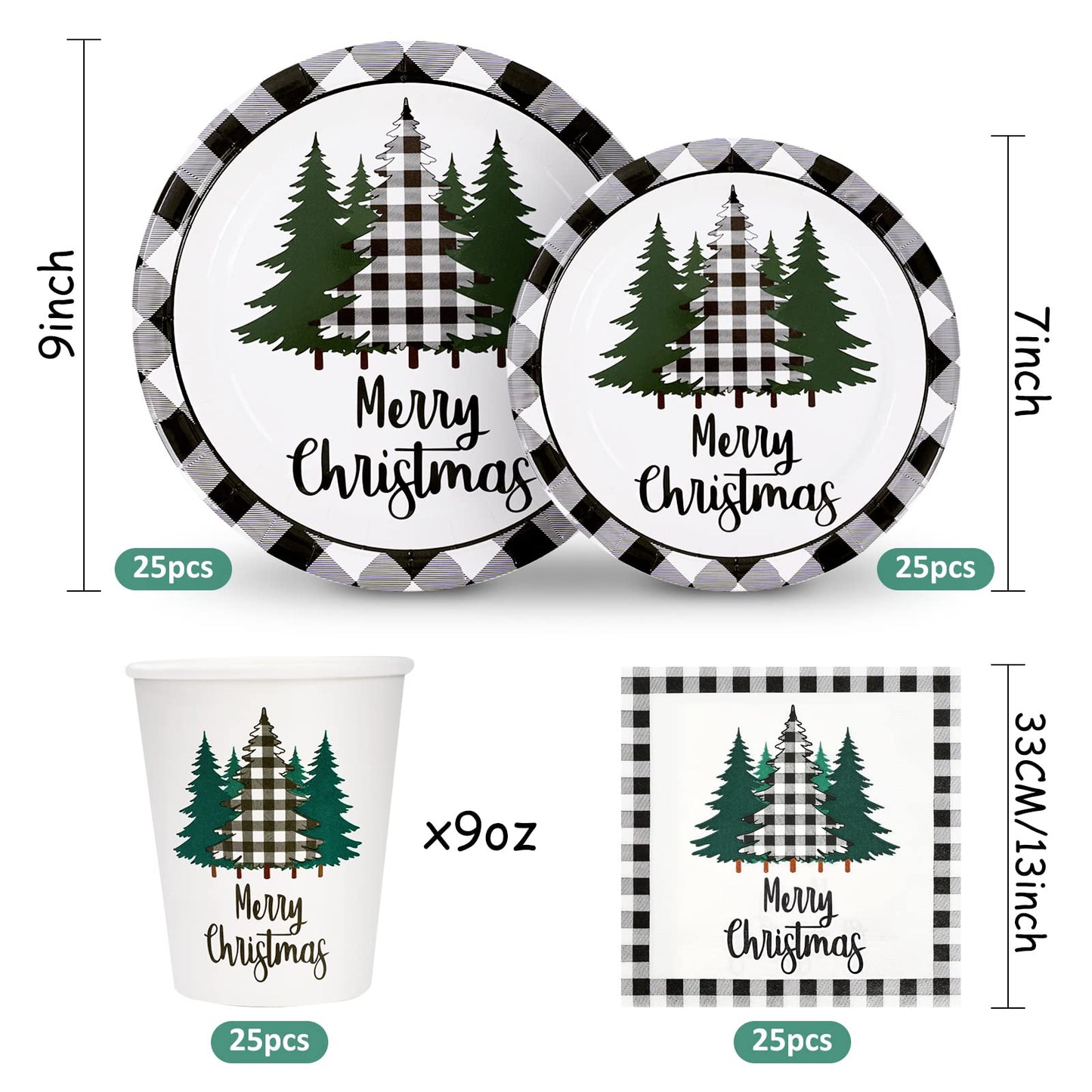 Whaline 100Pcs Christmas Tableware Set Buffalo Plaid Xmas Tree Disposable Dinnerware Set 50Pcs Paper Plates 25Pcs Napkin 25Pcs C