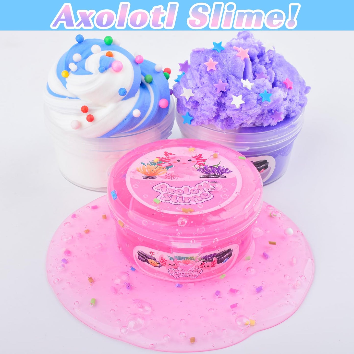 3 Pack Axolotl Slime Kit, Blue Butter, Purple Cloud, Pink Crunchy Slime with Axolotl Charms, Soft, Stretchy, Slime Party Favor f