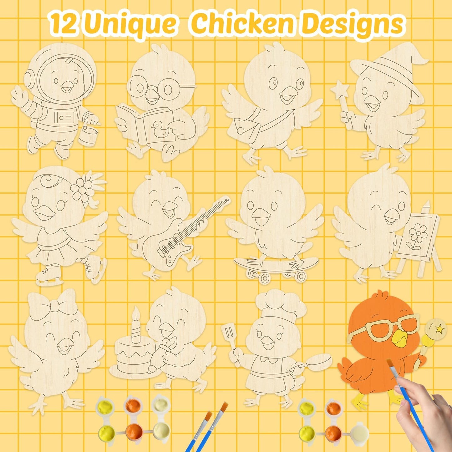 12 Pack Chicken Party Favors for Kids - Individually Wrapped Paint Your Own Wooden Magnet Craft Kits with Thank You Card, Farm B