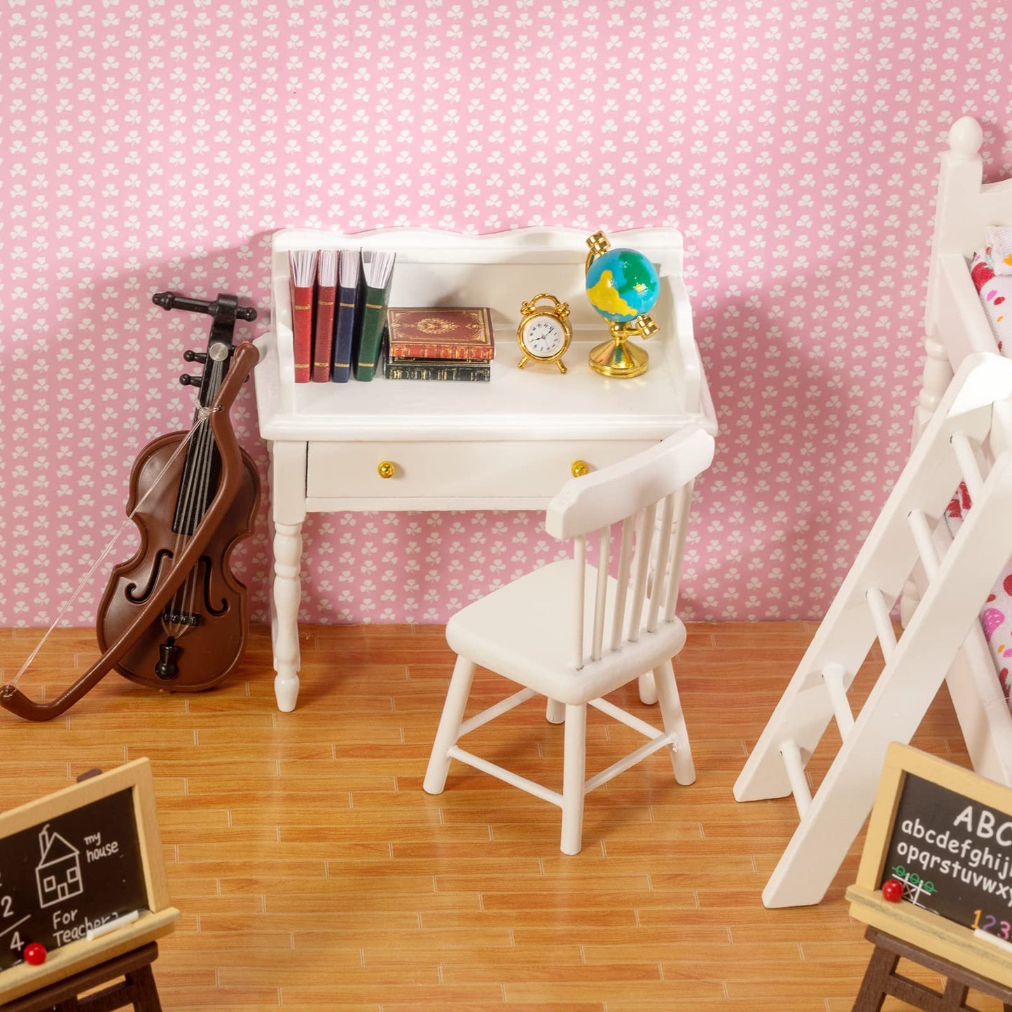 Samcami Miniature Dollhouse Furniture 1 12 Scale - Wooden Dollhouse Bed Set - Doll House Furniture Toys Incl Doll Bed, Desk, Books, Blackboards And Other Dollhouse Accessories