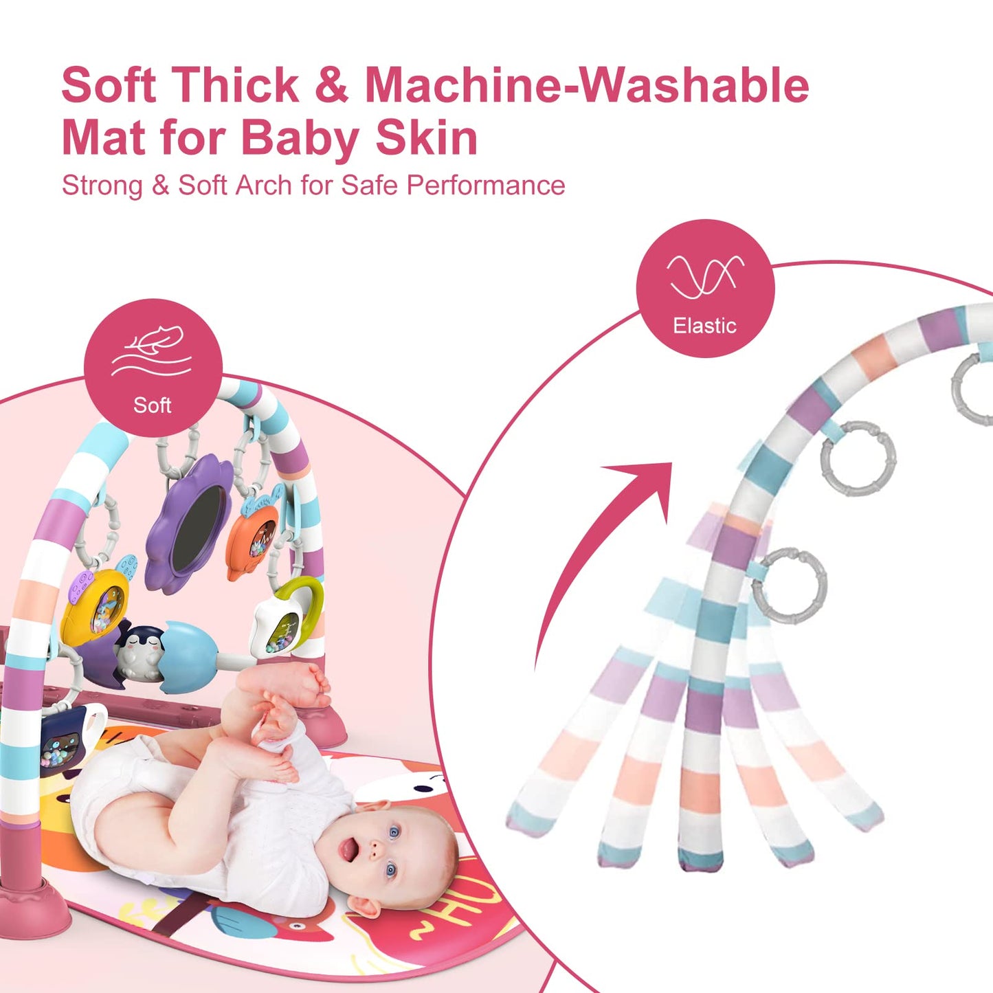 dearlomum Baby Play Mat with Piano & 5 Sensory Toys, Cotton, Pink, Model H-1624, for Newborns 0-12 Months