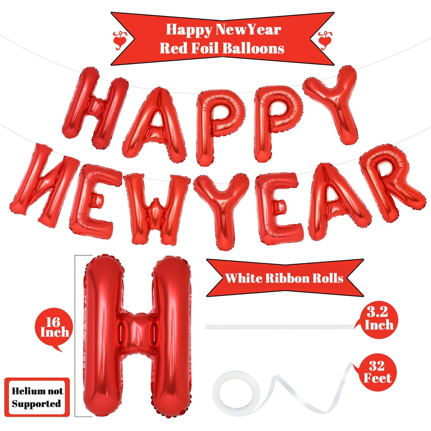 Pigetale Red Happy New Year Balloons, 16 Inch Happy New Years Letter Balloons, Happy New Year Banner, Happy New Year Decorations