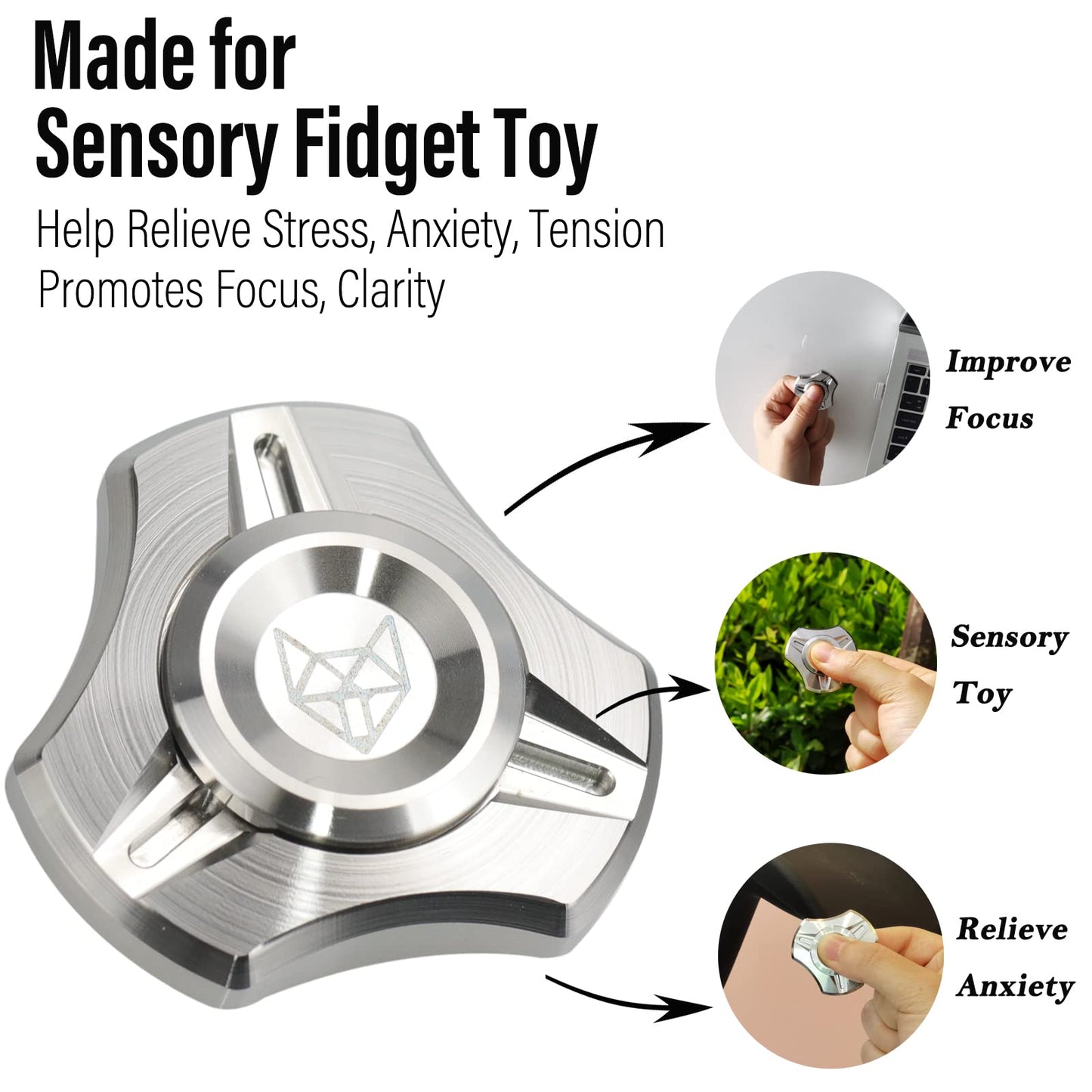FREELOVE Metal Fidget Spinner for mature-themeds  Stainless Steel Heavy Spinning Toys  Small Mini 4th Fox Hand Gyro  Bearing enhanced Long High Spin Fidget Block  CNC Silver